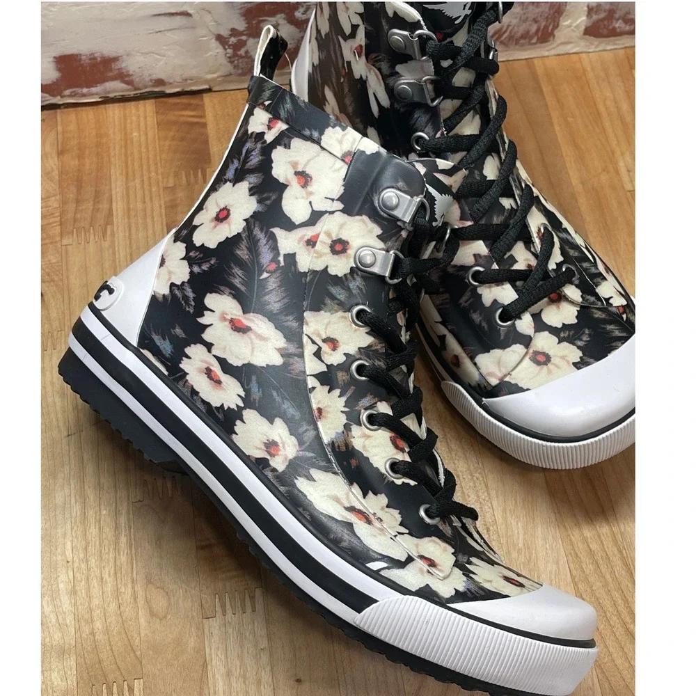 Rocket Dog Floral Rain Boots Black White High Top Sneaker Boot Women 8.5